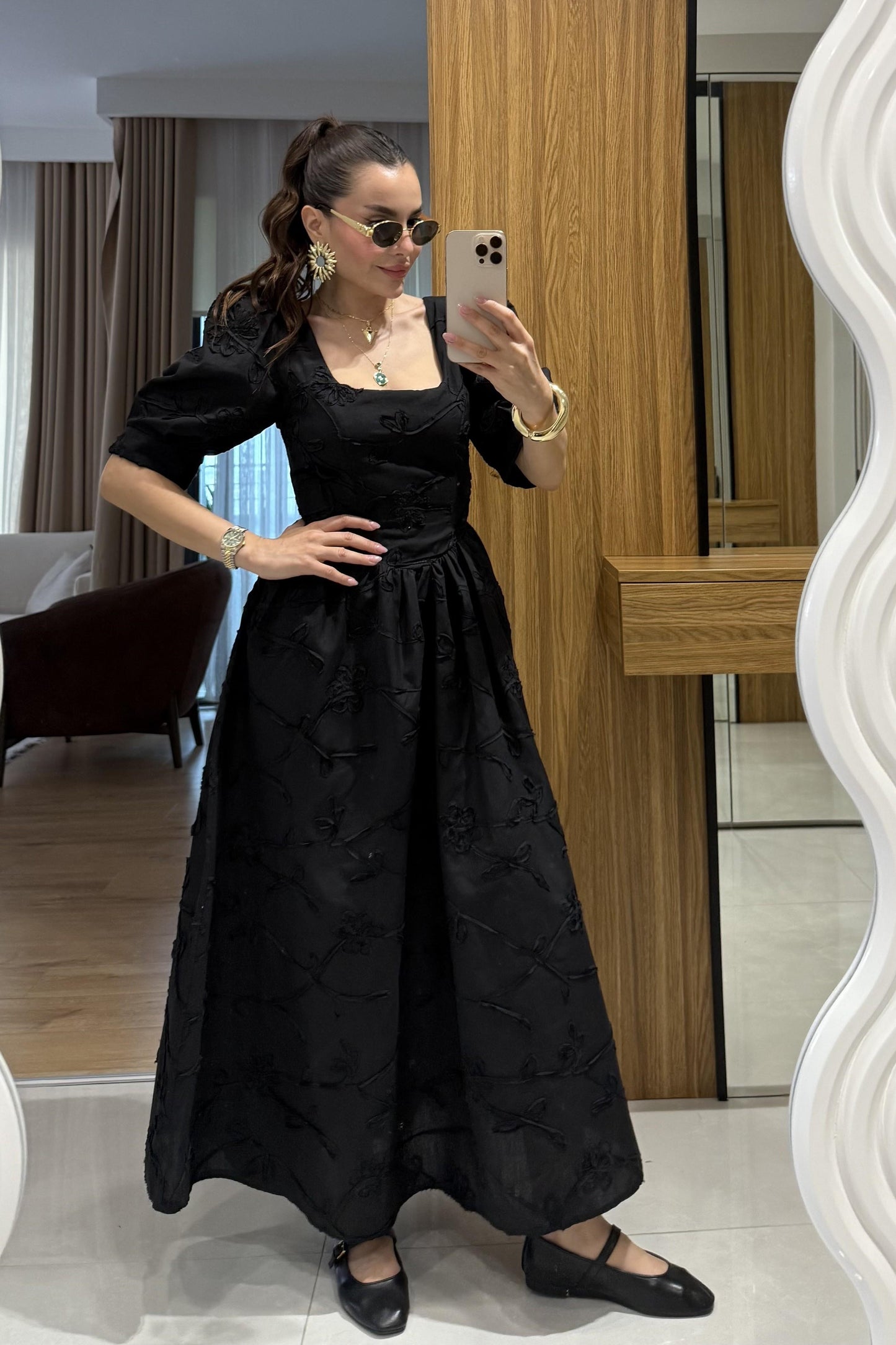 Roselune Siyah Balon Kol Brode Nakış Elbise