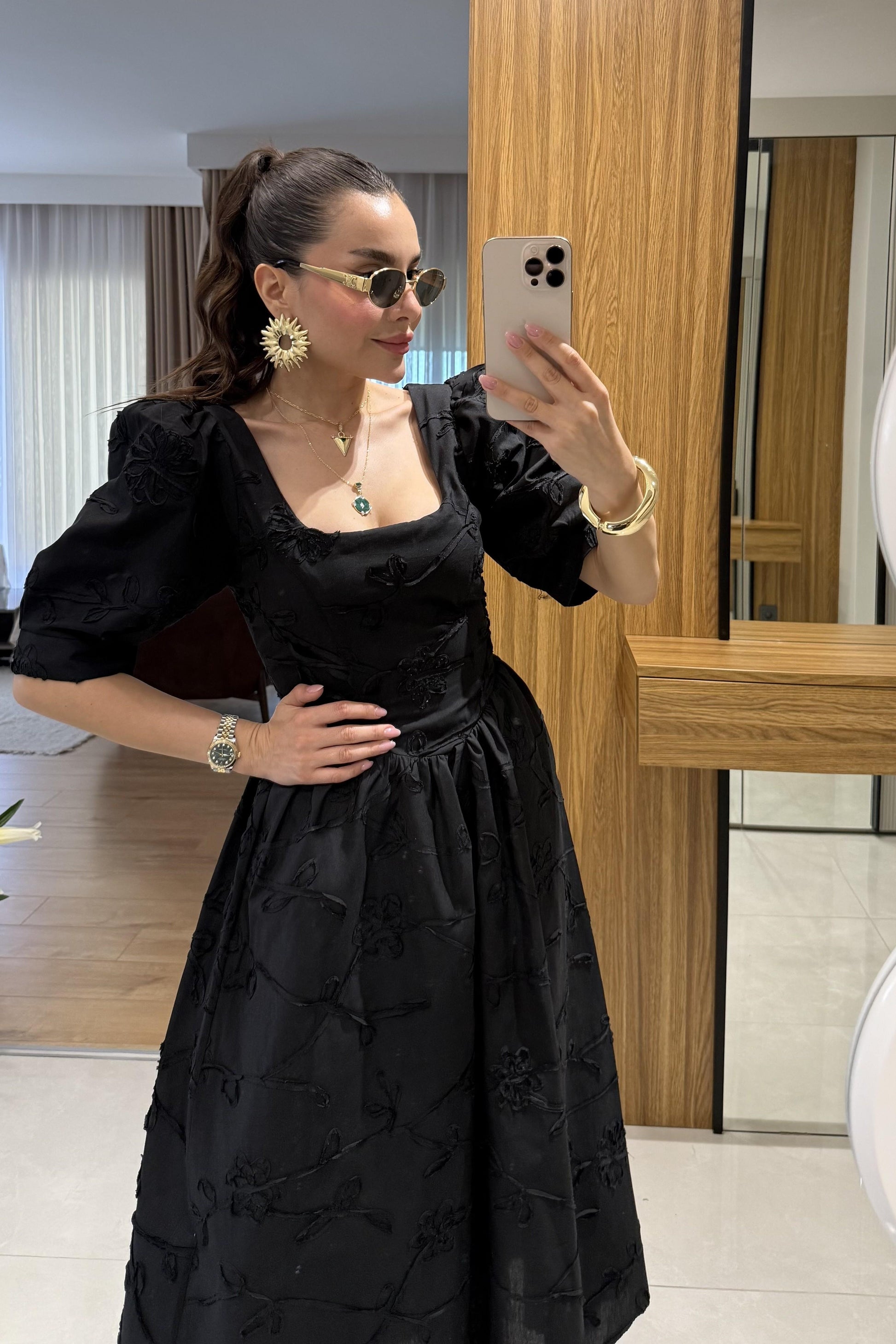 Roselune Siyah Balon Kol Brode Nakış Elbise