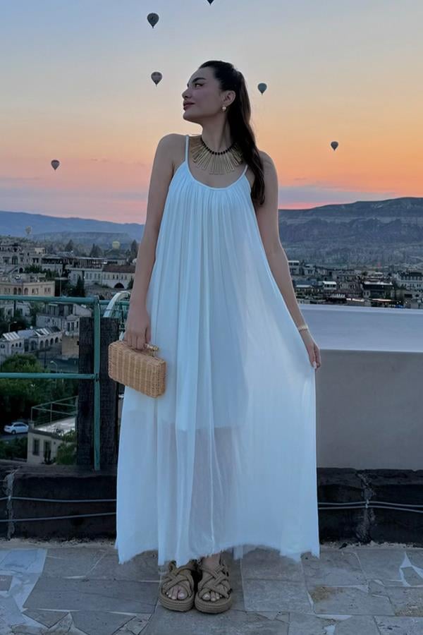Roseta Askılı Beyaz Elbise