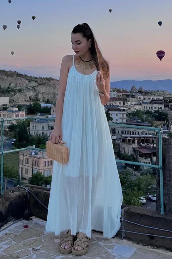 Roseta Askılı Beyaz Elbise