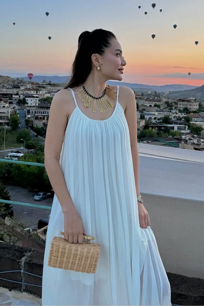 Roseta Askılı Beyaz Elbise