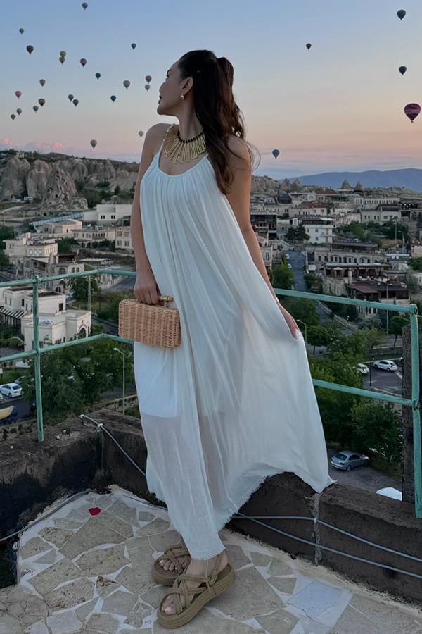 Roseta Askılı Beyaz Elbise