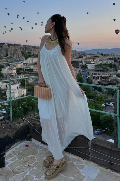 Roseta Askılı Beyaz Elbise