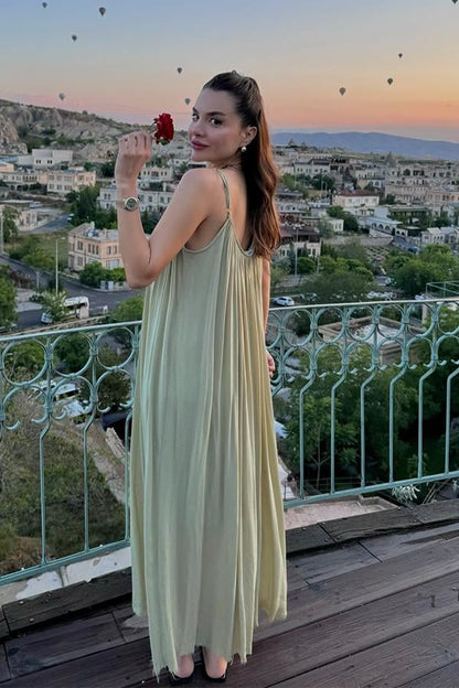 Roseta Askılı Mint Elbise