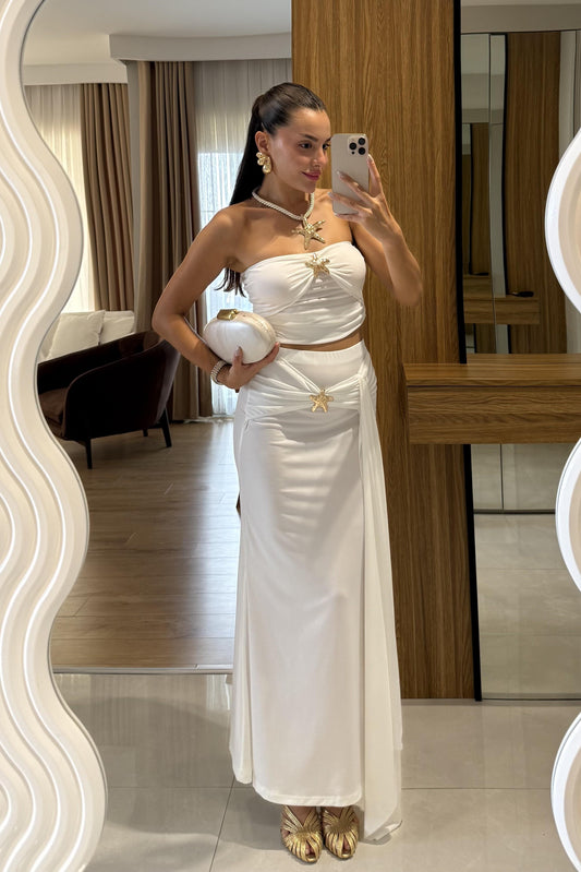 Roshe Beyaz Deniz Kabuğu Detaylı Straplez Takım