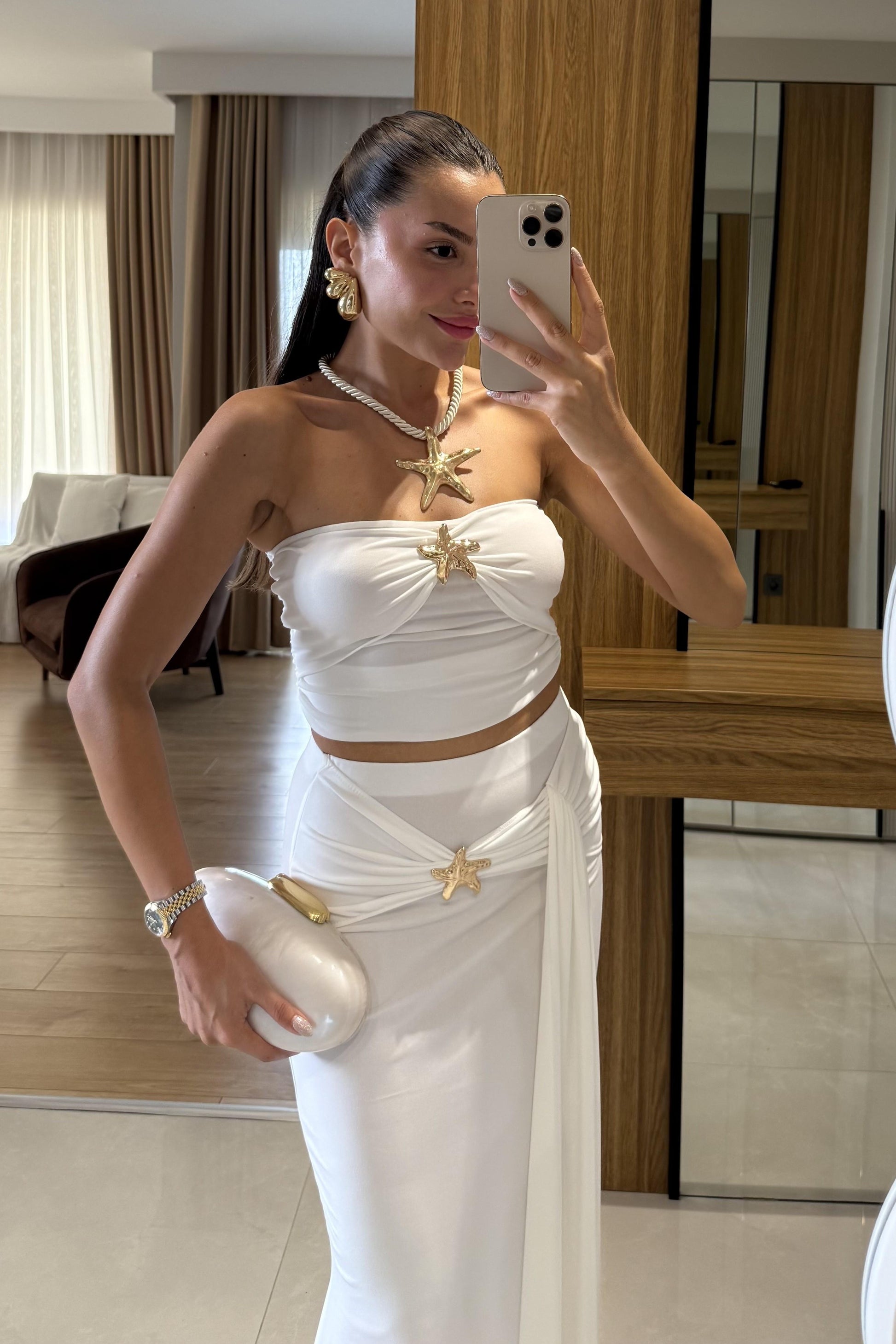 Roshe Beyaz Deniz Kabuğu Detaylı Straplez Takım