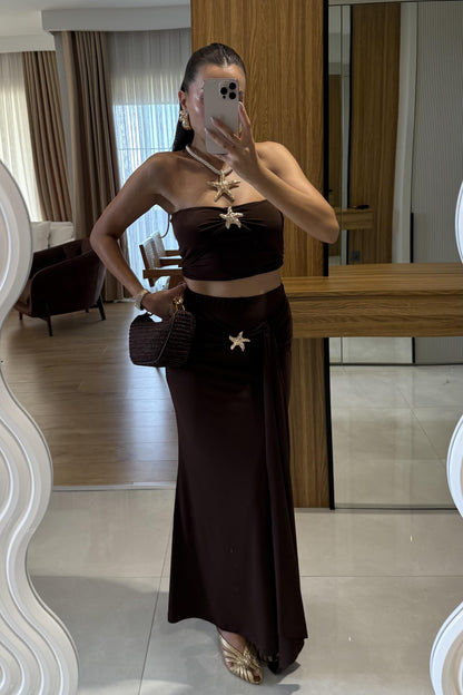 Roshe Kahve Deniz Kabuğu Detaylı Straplez Takım