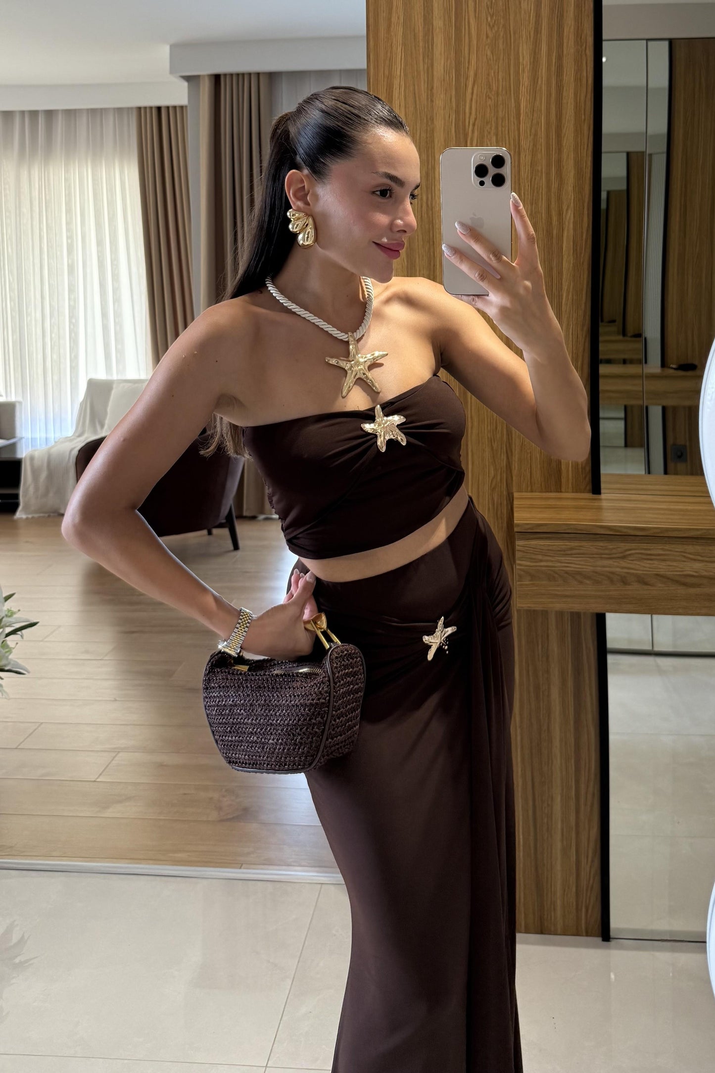 Roshe Kahve Deniz Kabuğu Detaylı Straplez Takım