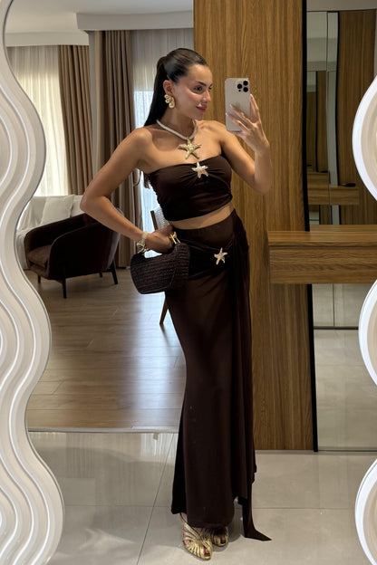 Roshe Kahve Deniz Kabuğu Detaylı Straplez Takım