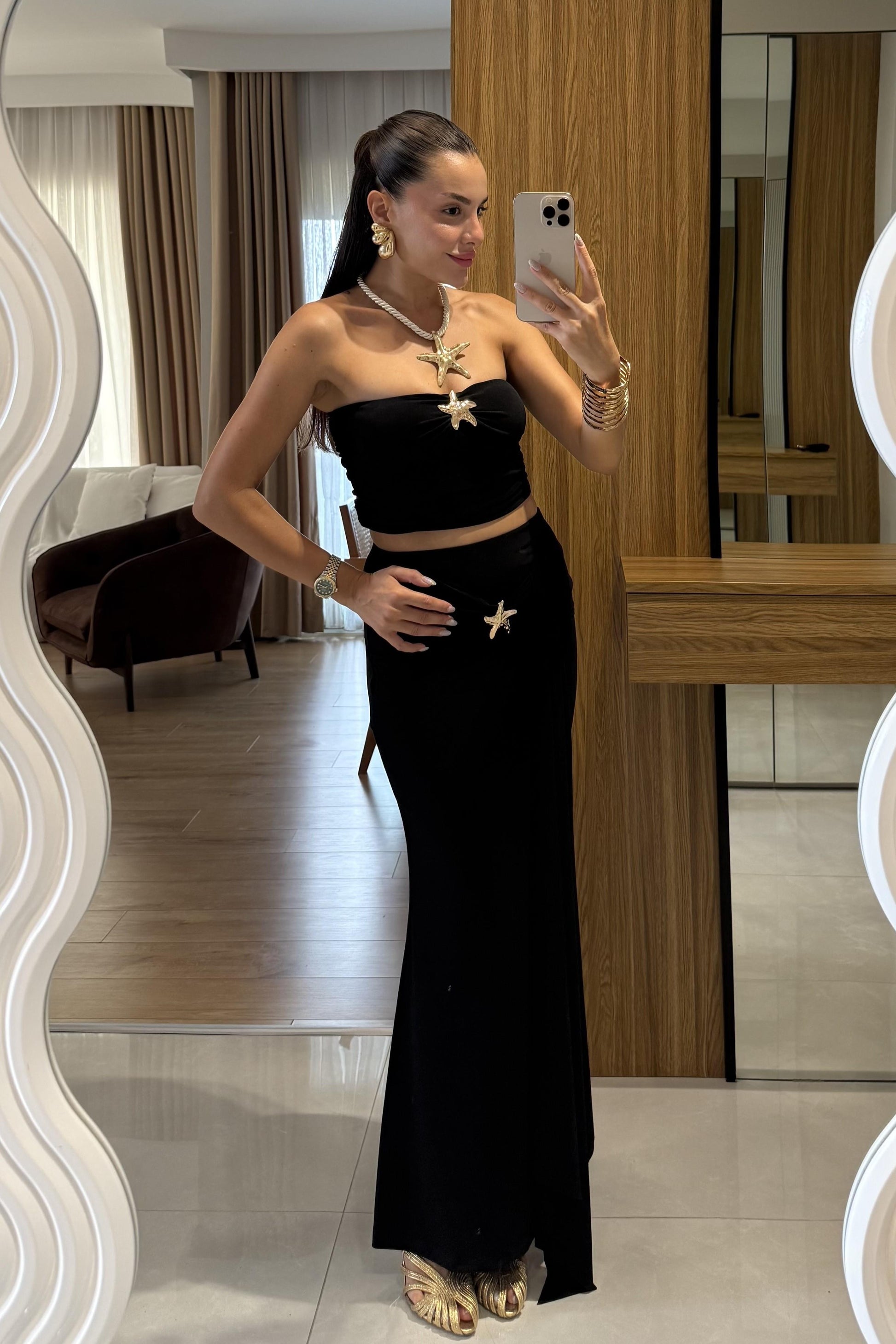 Roshe Siyah Deniz Kabuğu Detaylı Straplez Takım