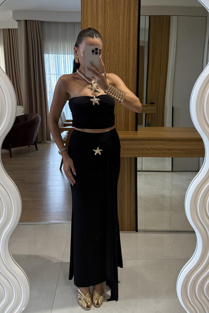 Roshe Siyah Deniz Kabuğu Detaylı Straplez Takım