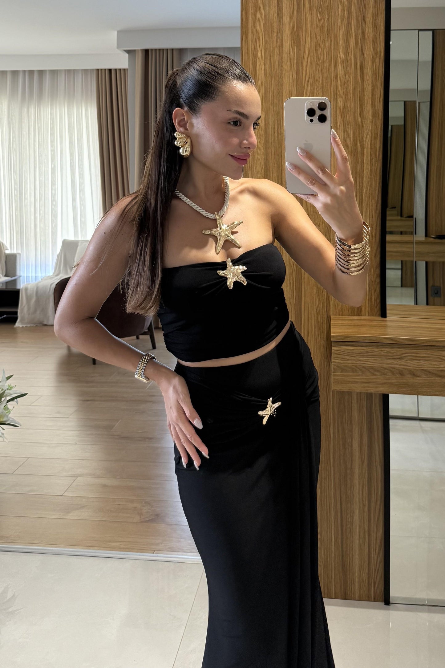 Roshe Siyah Deniz Kabuğu Detaylı Straplez Takım