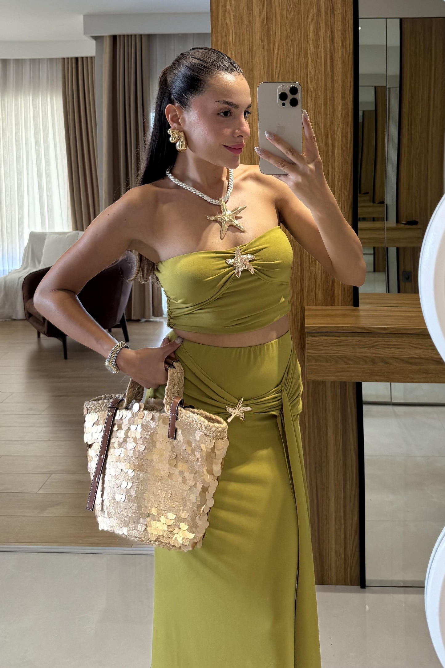 Roshe Yeşil Deniz Kabuğu Detaylı Straplez Takım