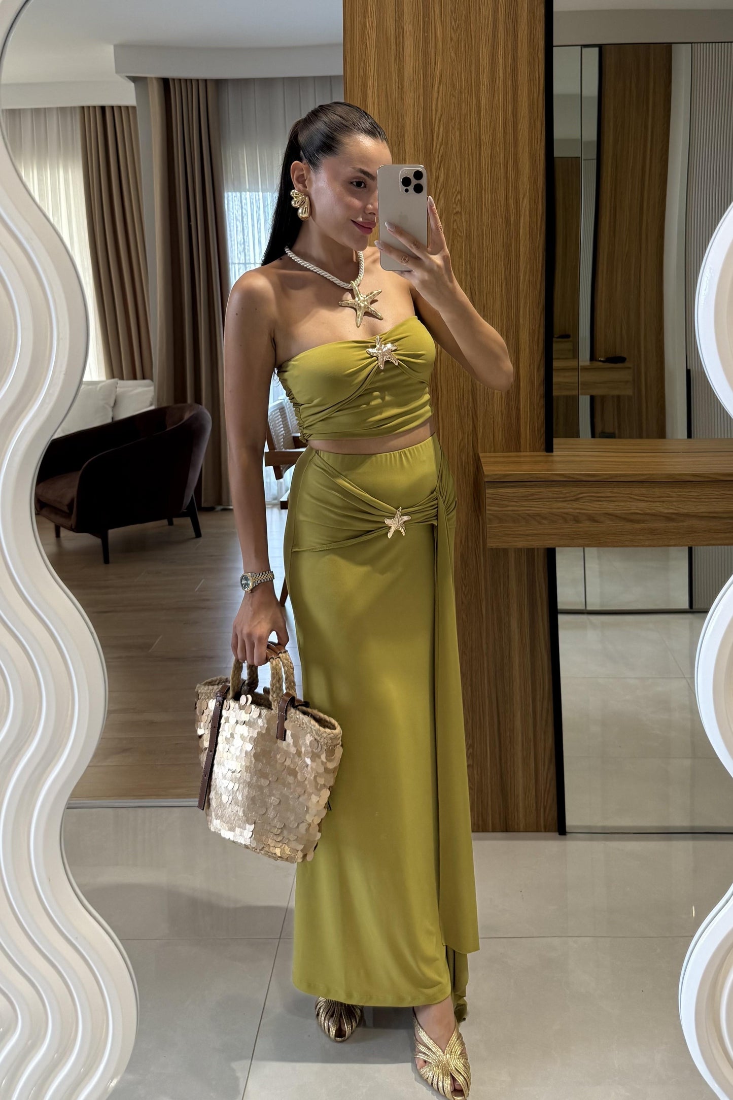 Roshe Yeşil Deniz Kabuğu Detaylı Straplez Takım