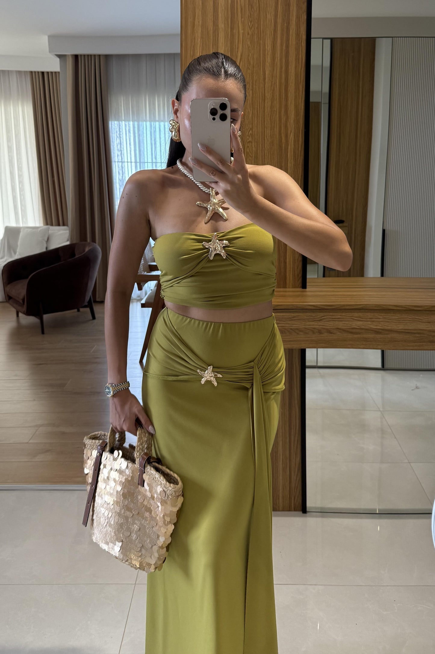 Roshe Yeşil Deniz Kabuğu Detaylı Straplez Takım