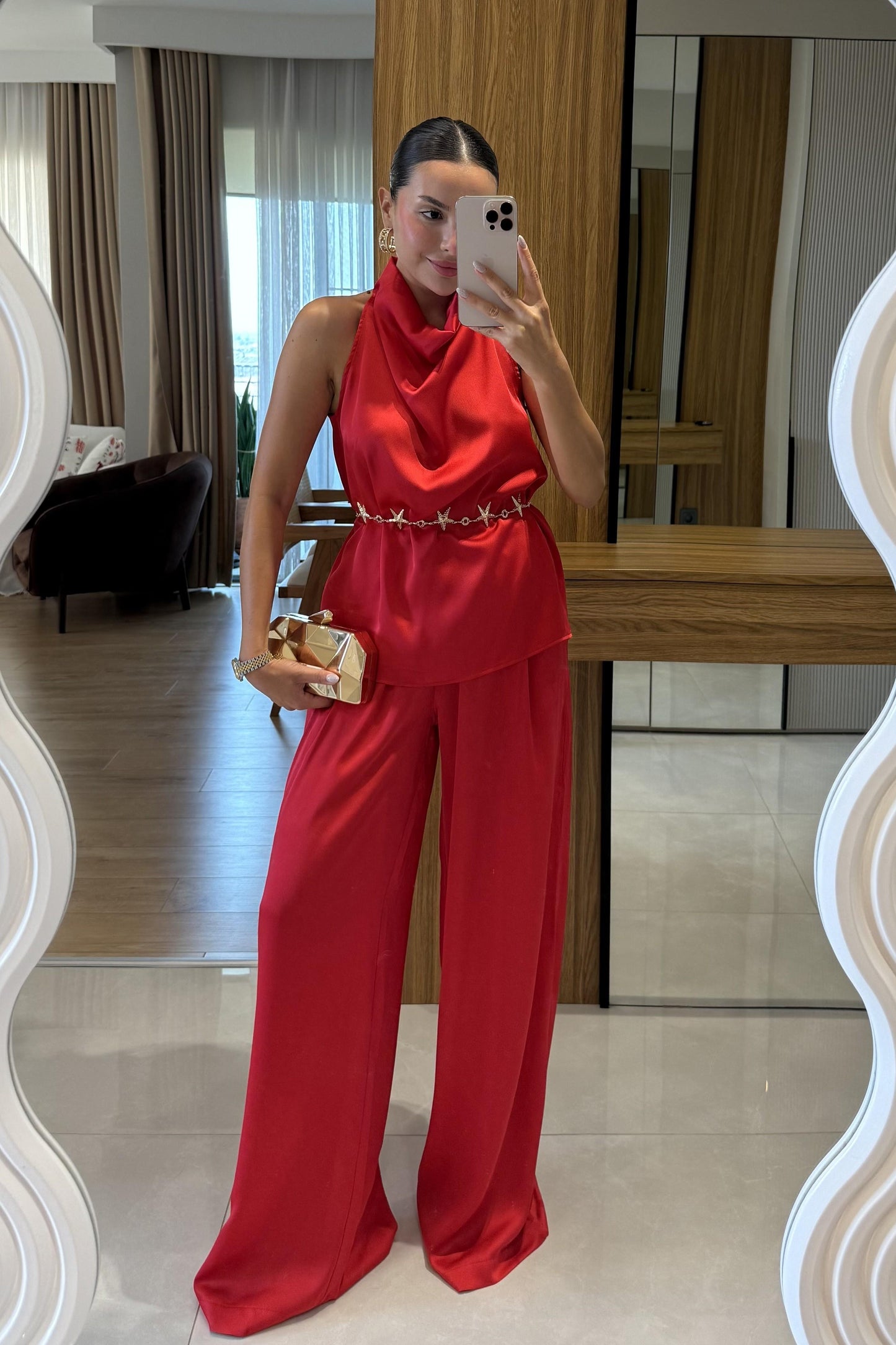 Roumel Kırmızı Şık Saten Takım