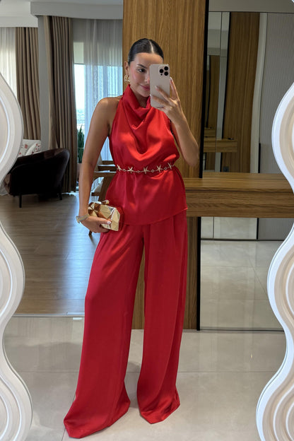 Roumel Kırmızı Şık Saten Takım