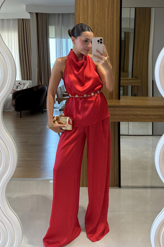 Roumel Kırmızı Şık Saten Takım