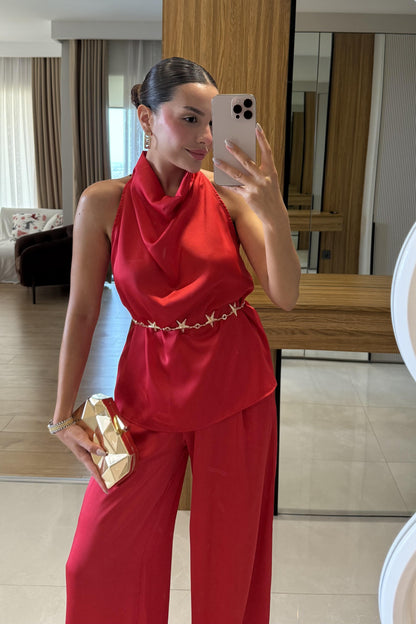 Roumel Kırmızı Şık Saten Takım