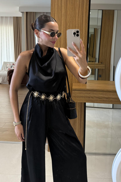 Roumel Siyah Şık Saten Takım