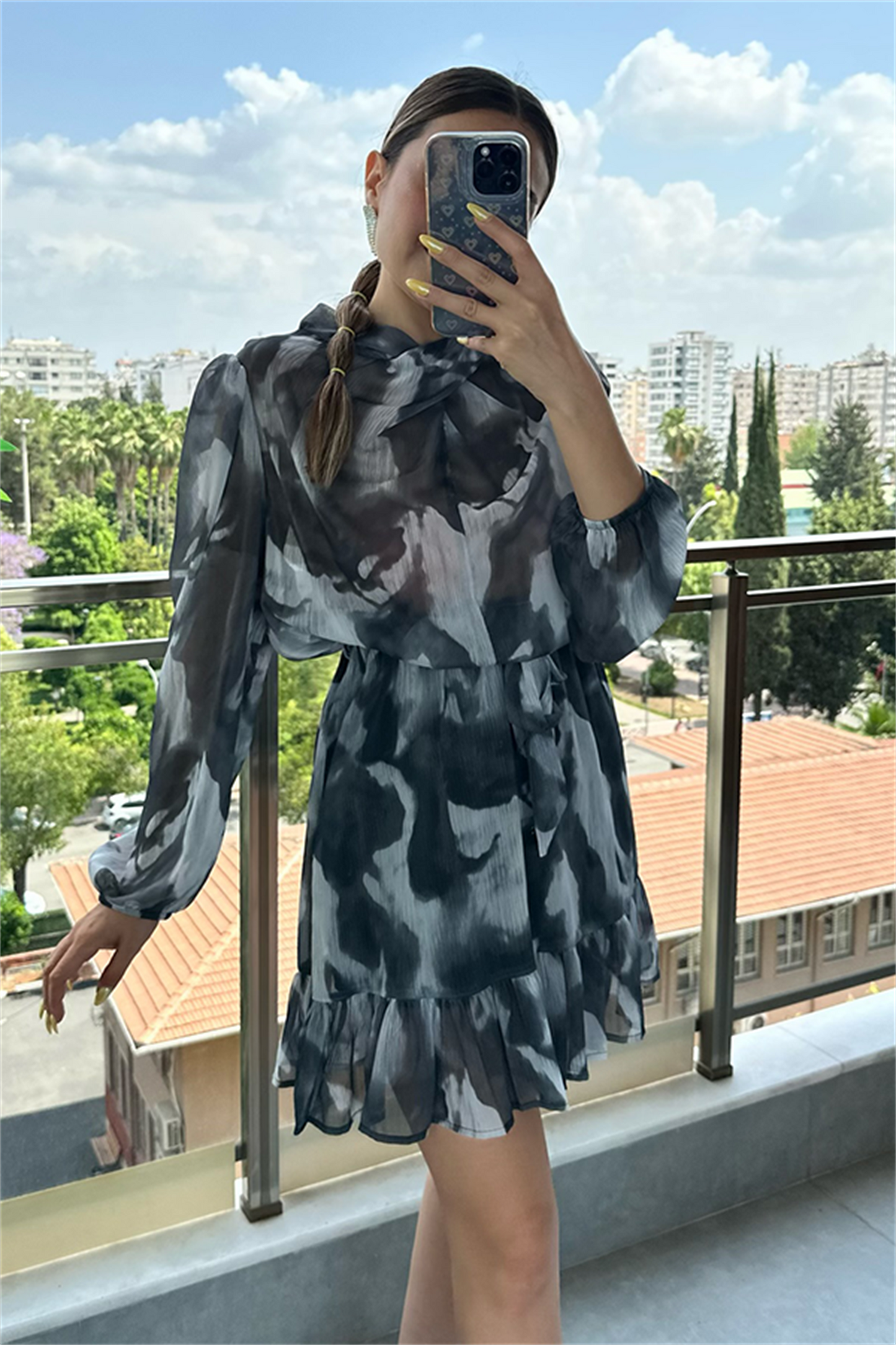 Rowan gri batik desen şifon elbise