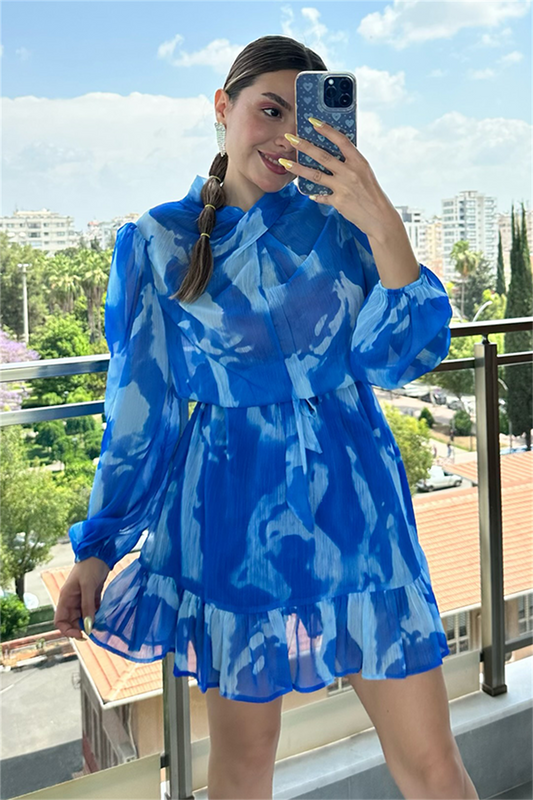 Rowan mavi batik desen şifon elbise