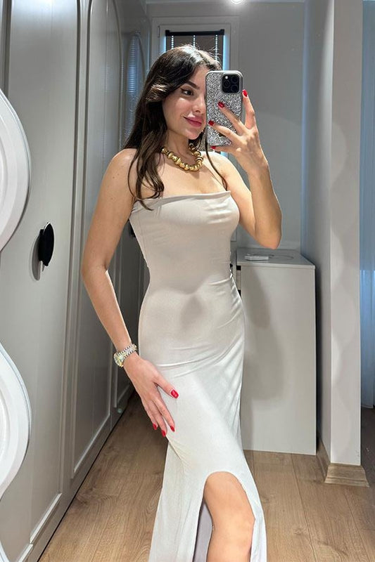 Rowena Straplez Yırtmaçlı Elbise - Taş