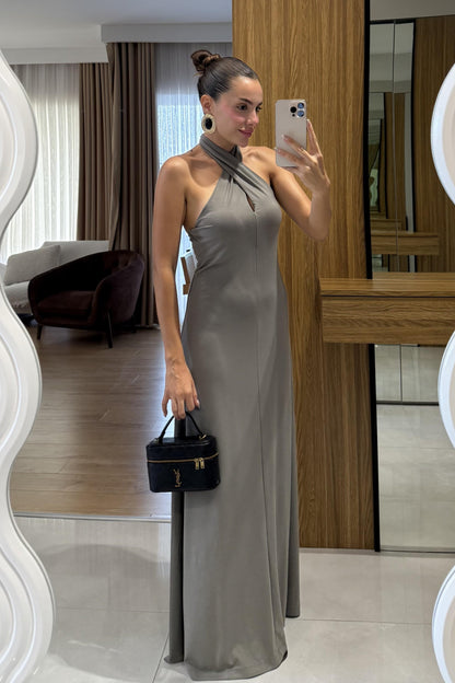 Royal Haki Boyundan Bağlamalı Maxi Elbise