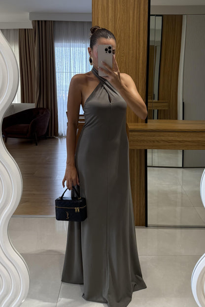 Royal Haki Boyundan Bağlamalı Maxi Elbise