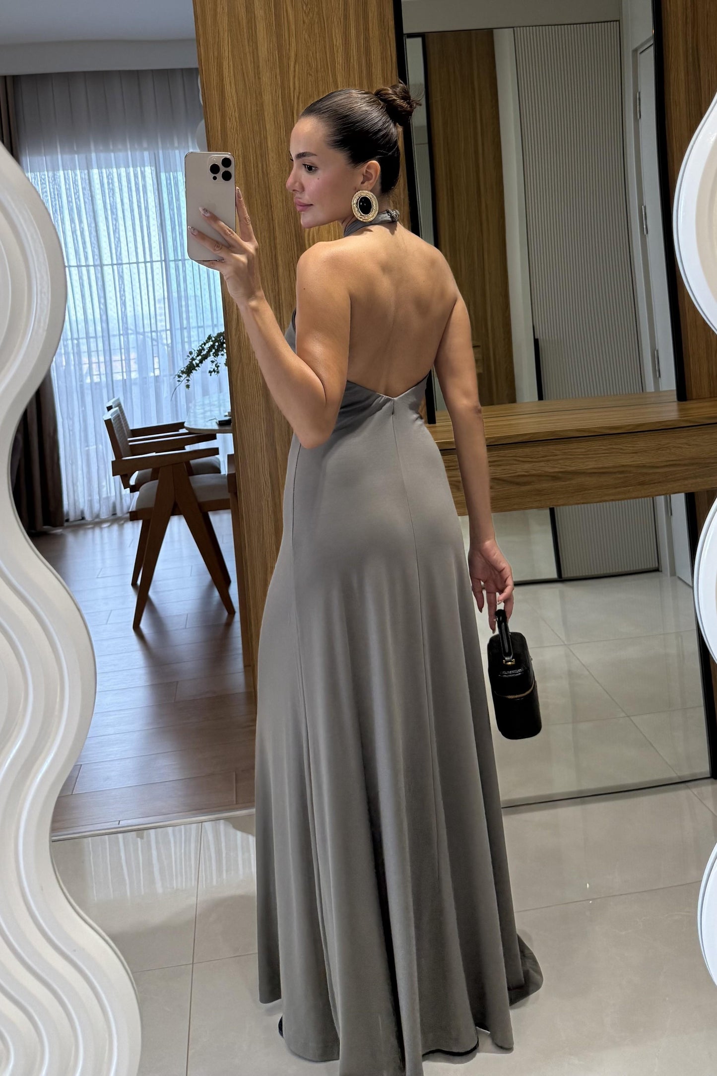 Royal Haki Boyundan Bağlamalı Maxi Elbise