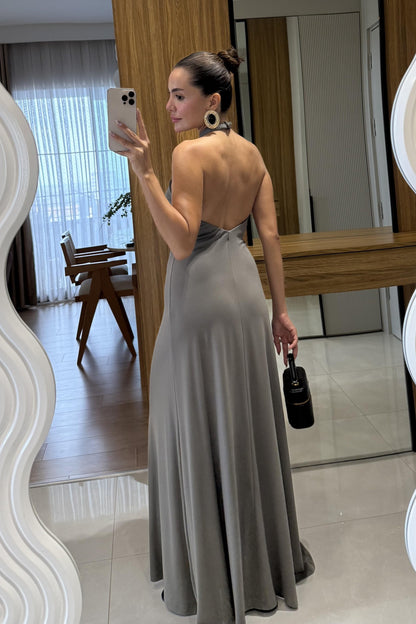 Royal Haki Boyundan Bağlamalı Maxi Elbise