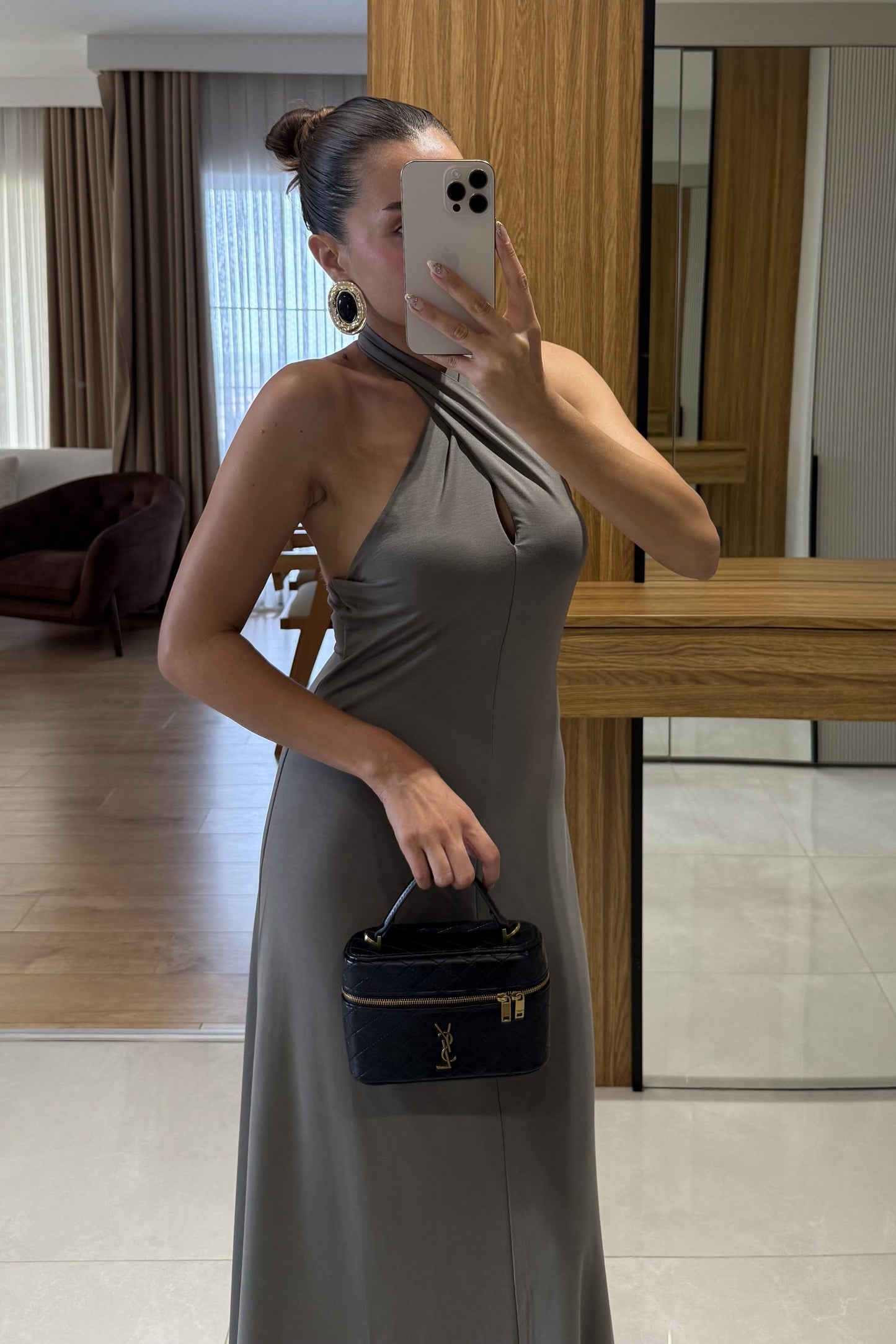 Royal Haki Boyundan Bağlamalı Maxi Elbise