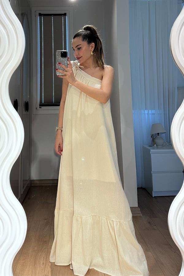 Royan Tek Omuz Bağlamalı Uzun Elbise