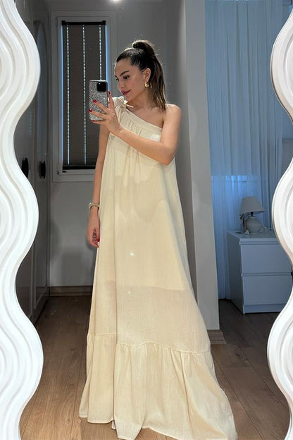 Royan Tek Omuz Bağlamalı Uzun Elbise