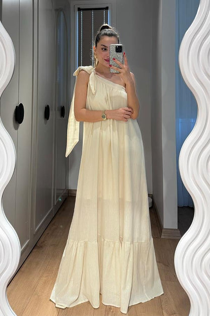 Royan Tek Omuz Bağlamalı Uzun Elbise