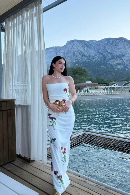 Roza Beyaz Gül Desen Elbise
