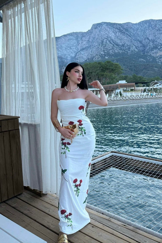 Roza Beyaz Gül Desen Elbise