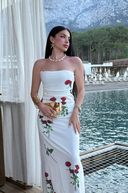 Roza Beyaz Gül Desen Elbise