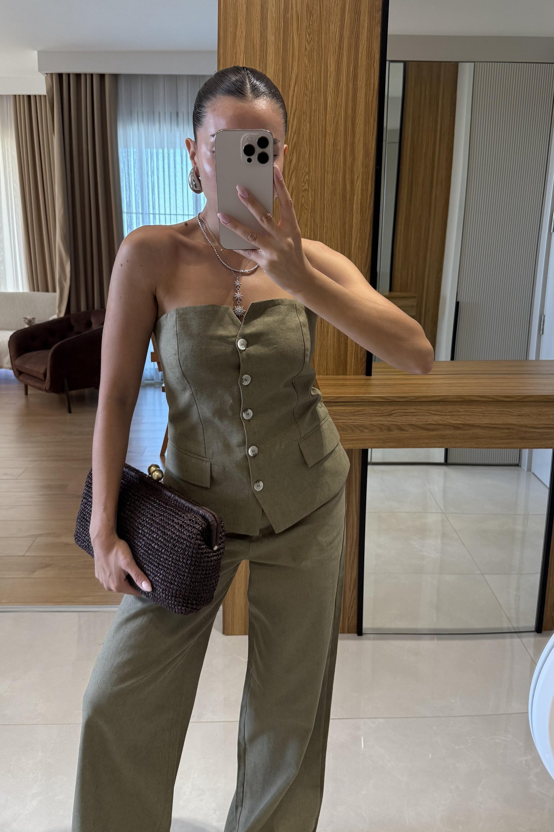 Rozina Haki Straplez Yelek Pantolon Takım