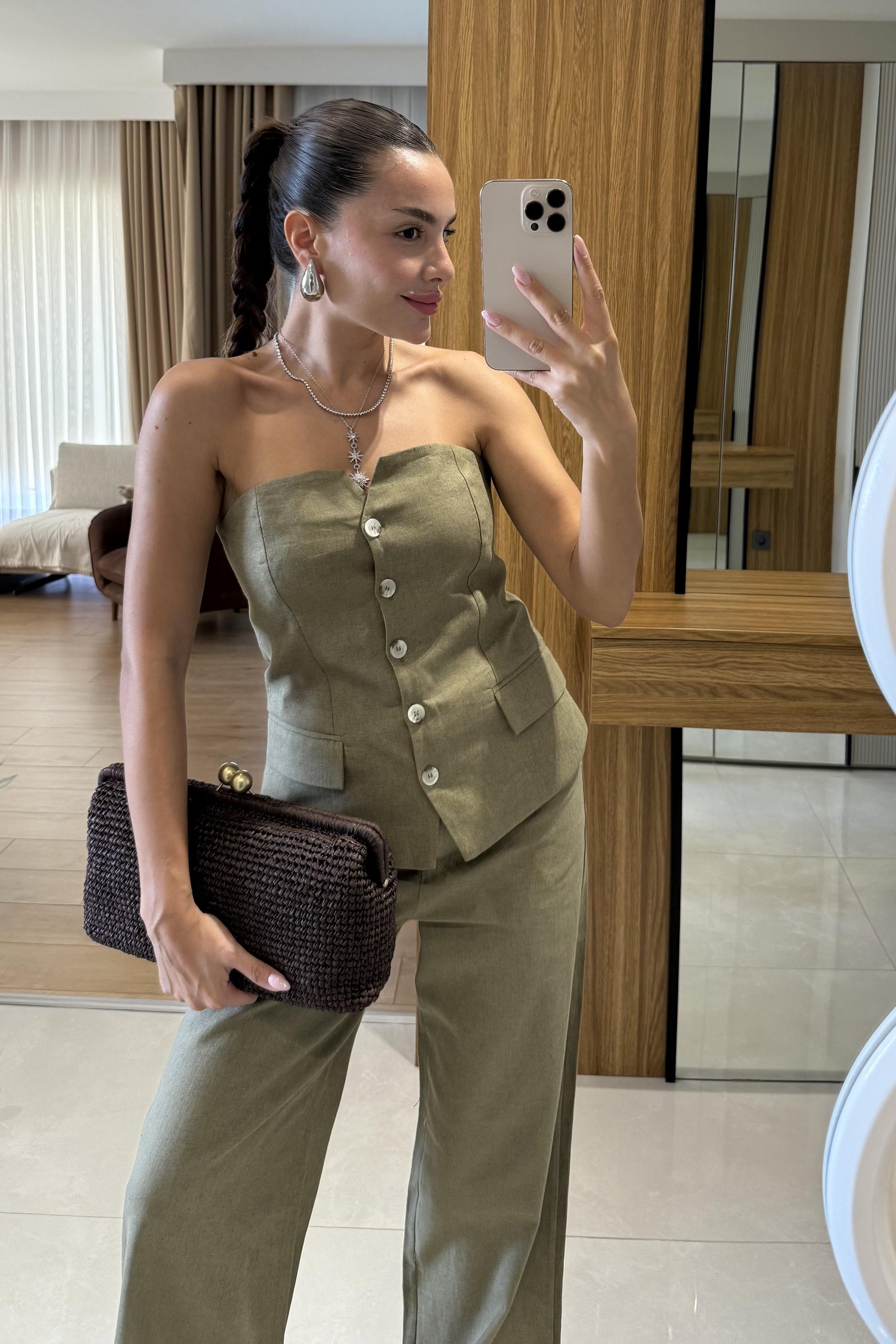 Rozina Haki Straplez Yelek Pantolon Takım