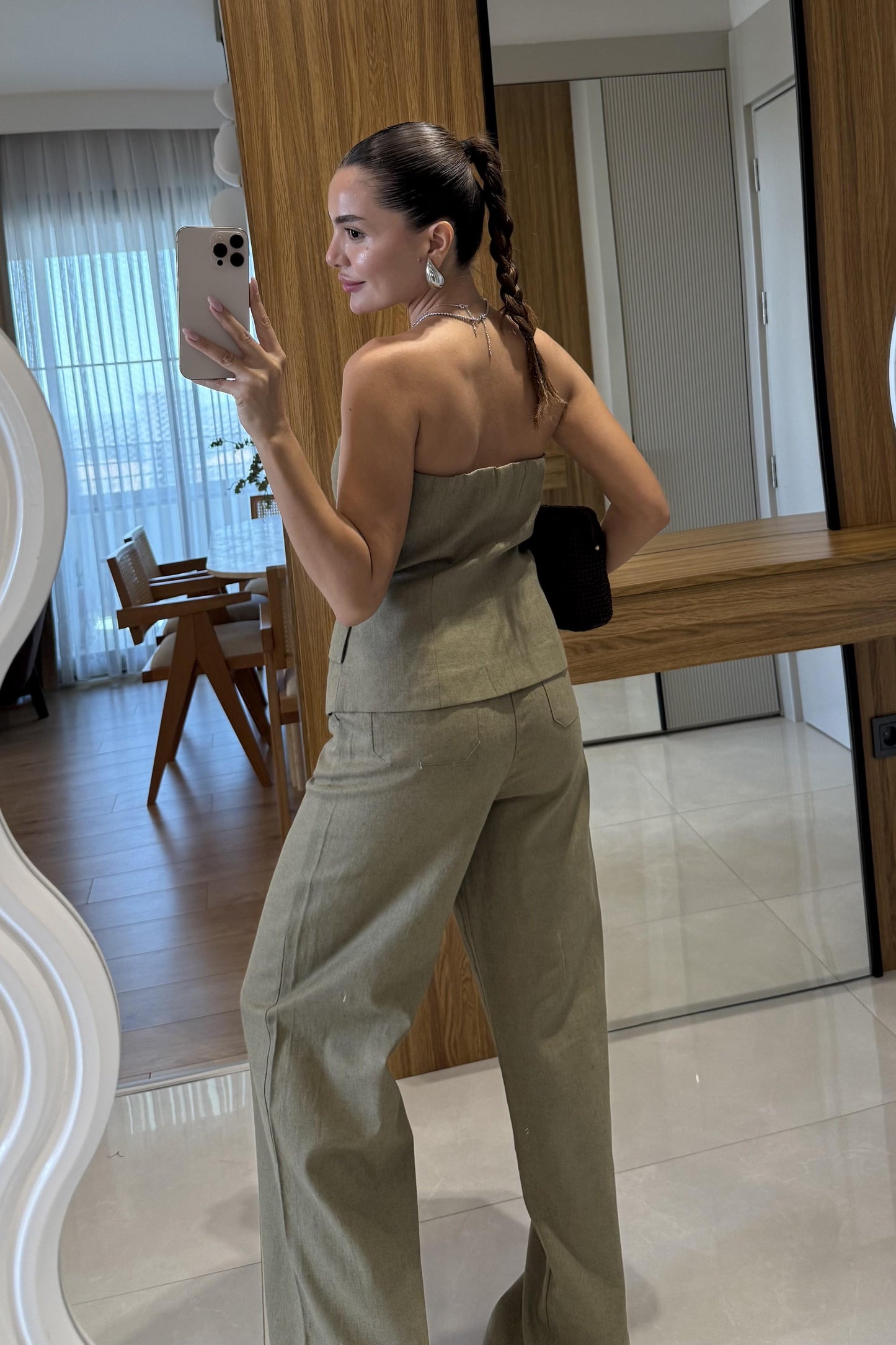 Rozina Haki Straplez Yelek Pantolon Takım