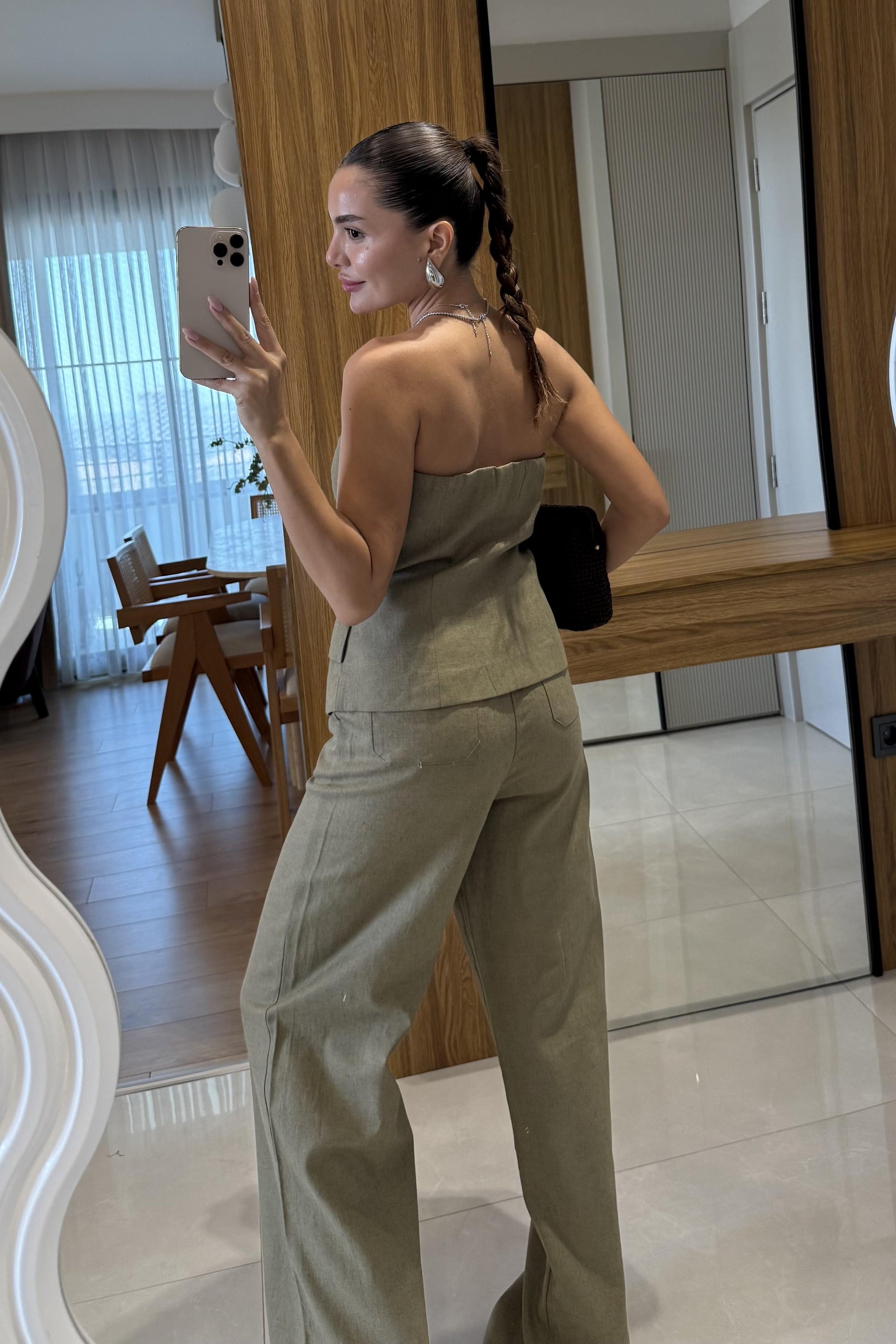 Rozina Haki Straplez Yelek Pantolon Takım