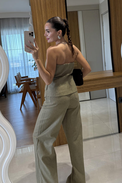 Rozina Haki Straplez Yelek Pantolon Takım