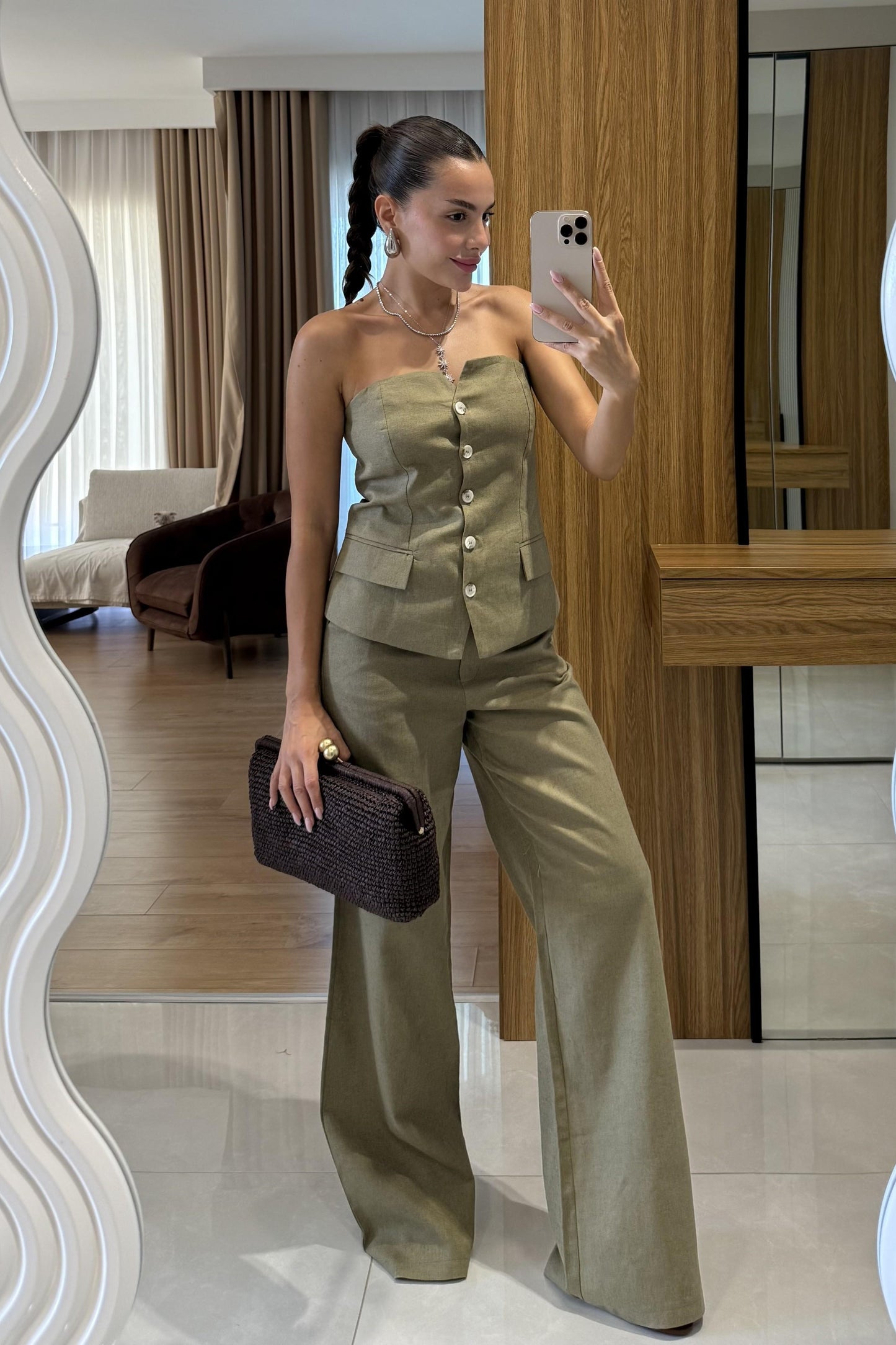 Rozina Haki Straplez Yelek Pantolon Takım