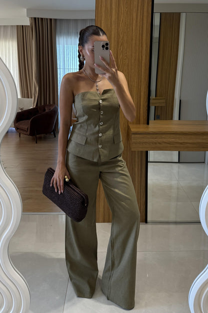 Rozina Haki Straplez Yelek Pantolon Takım
