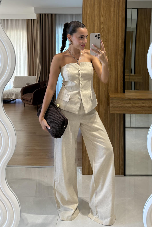 Rozina Krem Straplez Yelek Pantolon Takım