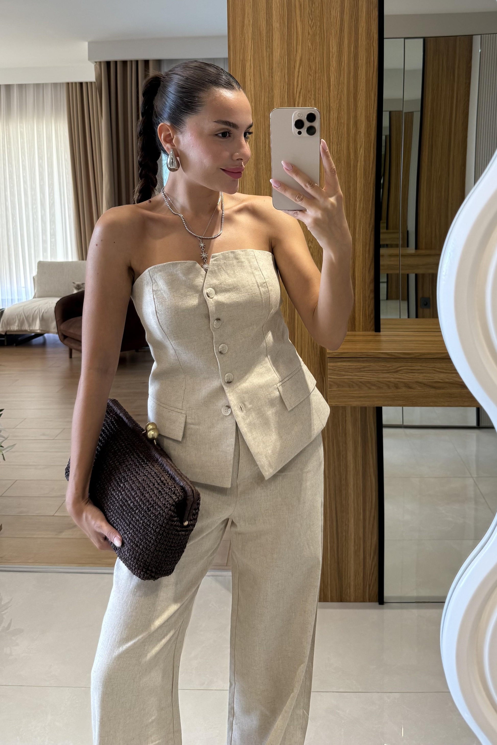 Rozina Krem Straplez Yelek Pantolon Takım