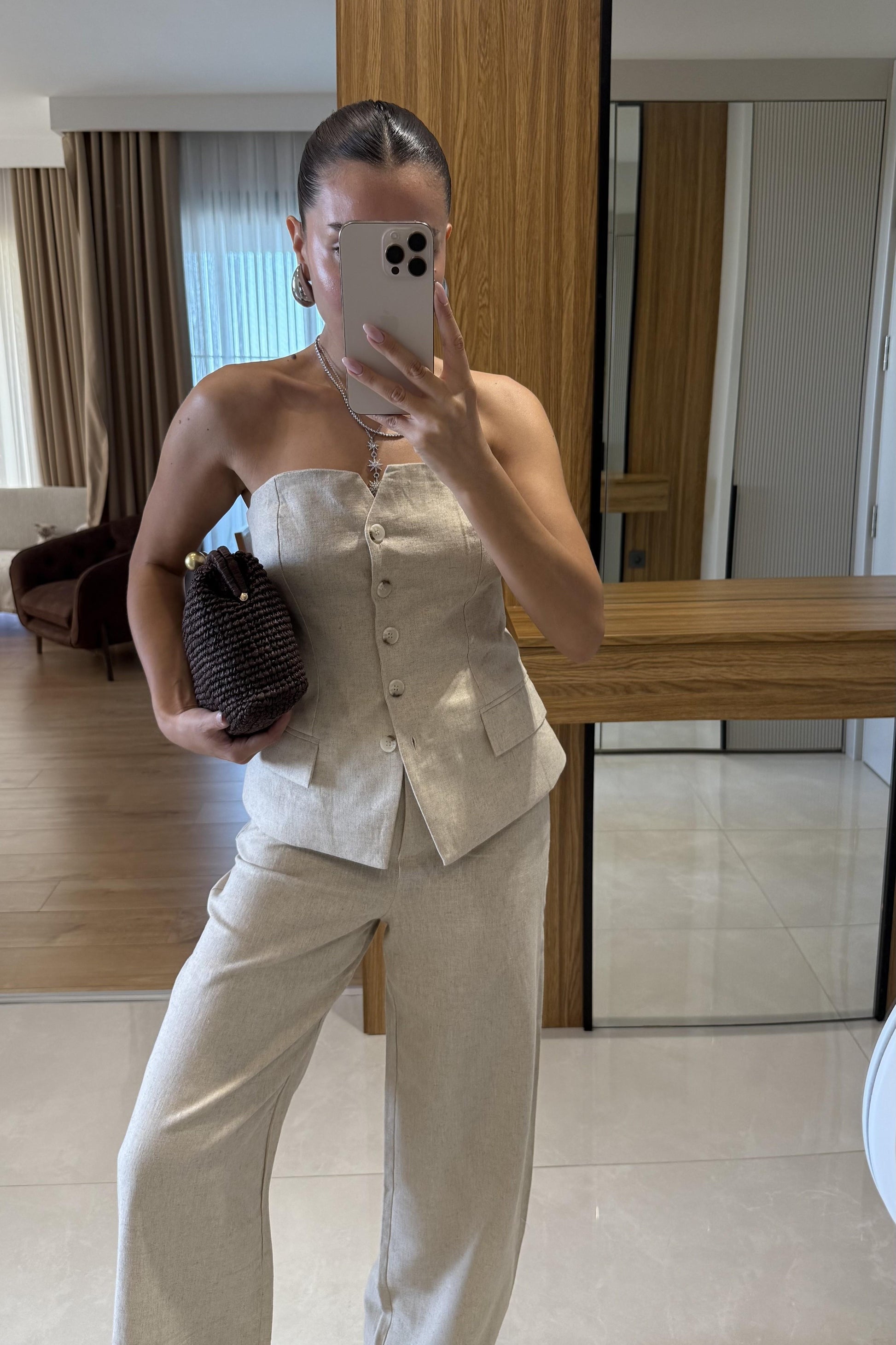 Rozina Krem Straplez Yelek Pantolon Takım