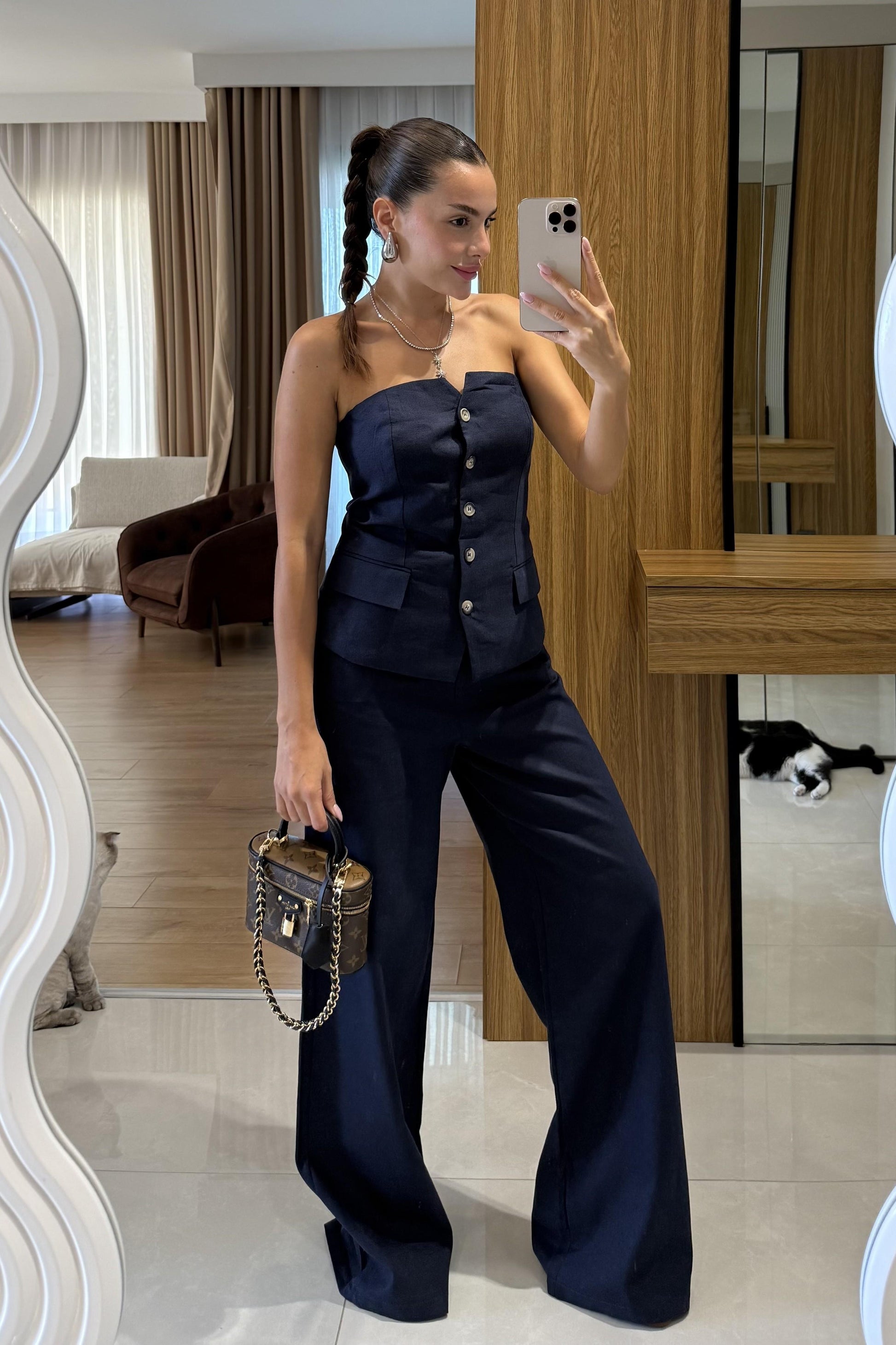 Rozina Lacivert Straplez Yelek Pantolon Takım