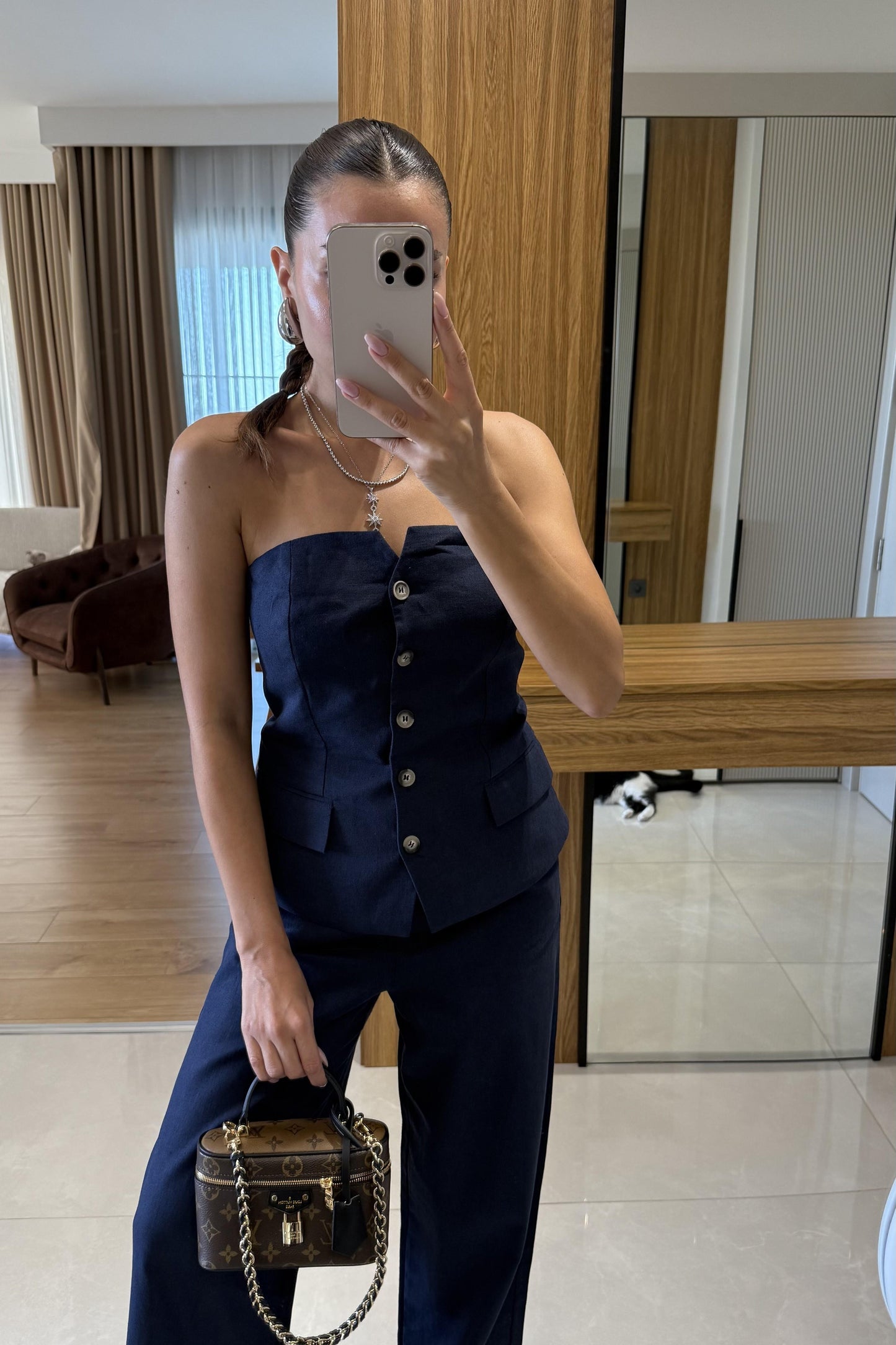 Rozina Lacivert Straplez Yelek Pantolon Takım